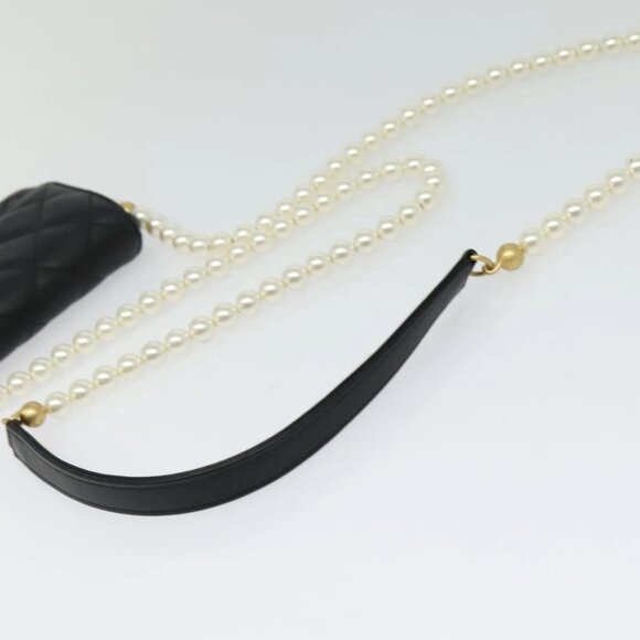 CHANEL Matelasse Pearl Shoulder Bag Lamb Skin Black Gold CC Auth - Picture 6 of 16
